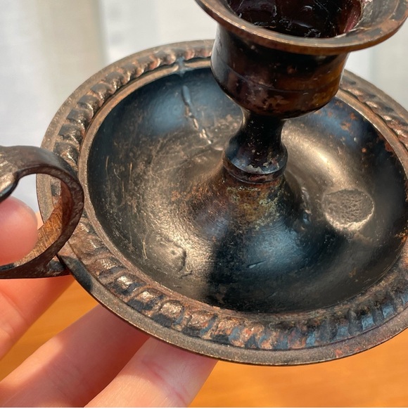 Antique Primitive French Cast Metal Handheld Taper Candle Holder Brown Vintage - Picture 11 of 16